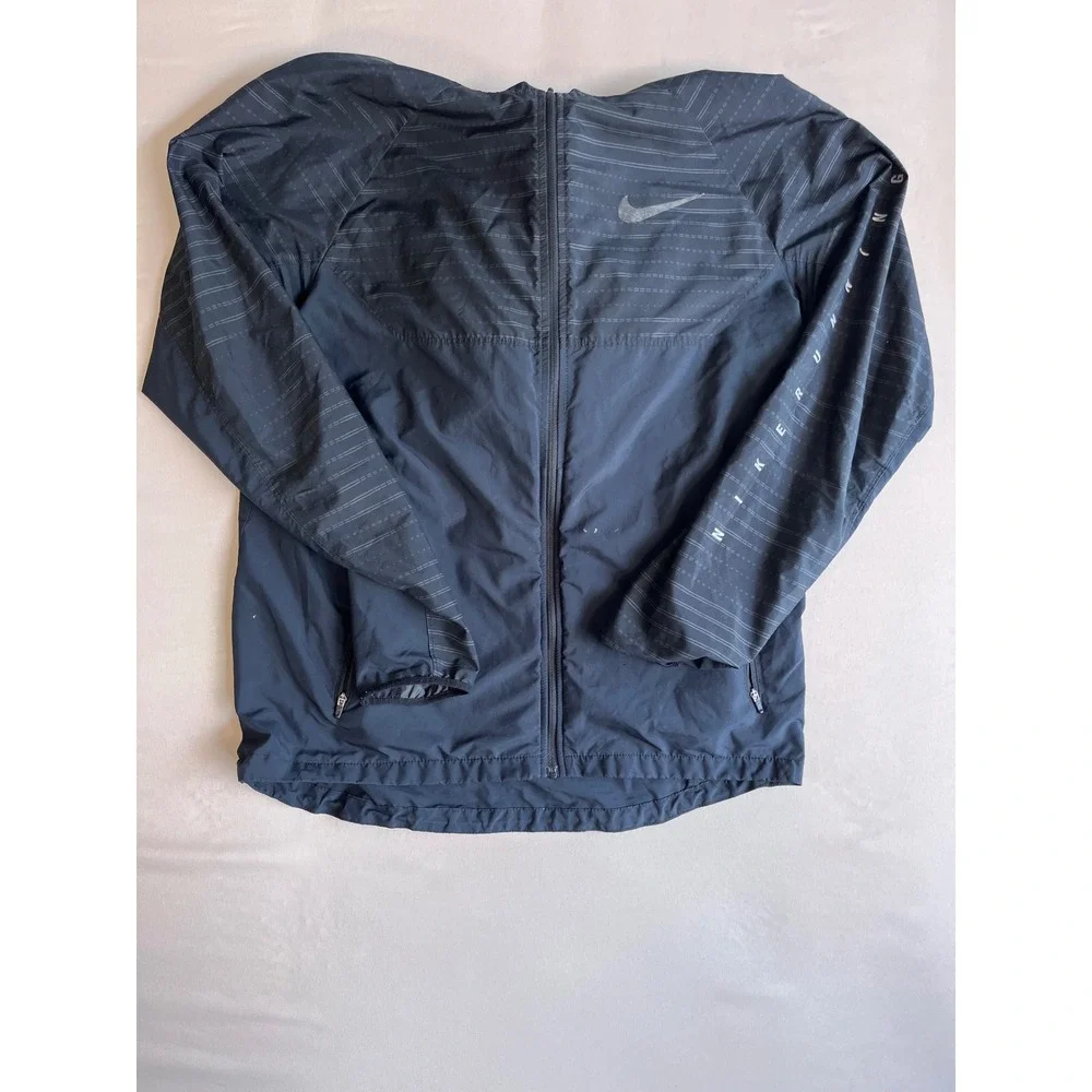 Nike Running Mens Black Reflective Striped Hooded Windbreaker Jacket Medium